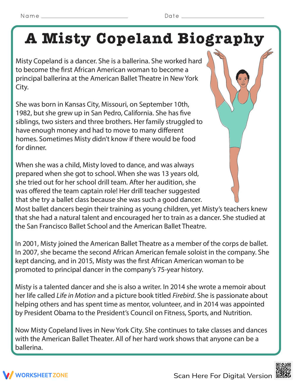 A Misty Copeland Biography Worksheet - Page 1