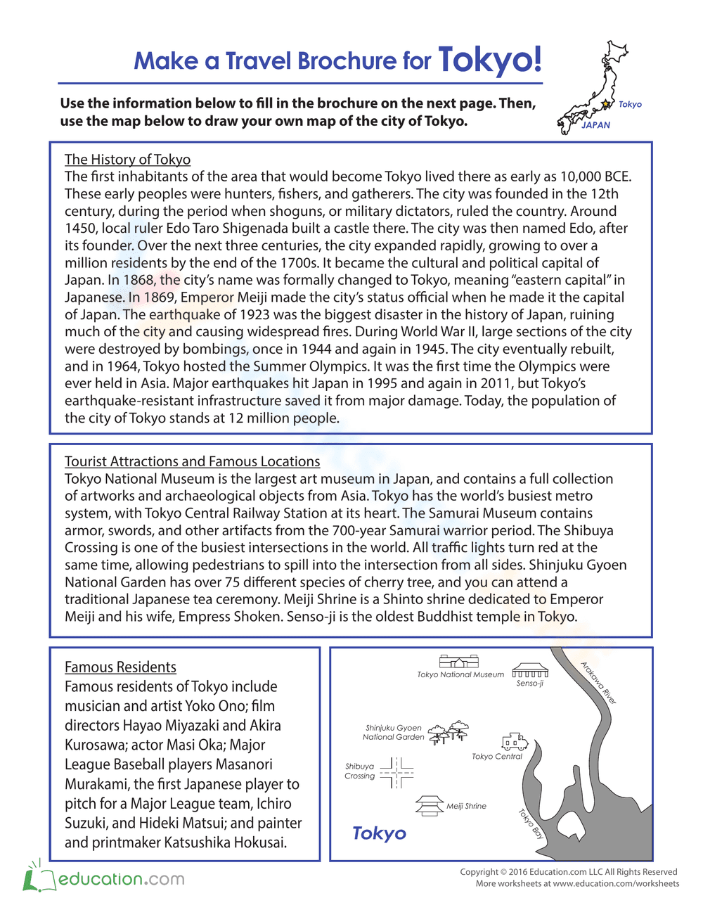 Create a Travel Brochure: Tokyo Worksheet - Page 1