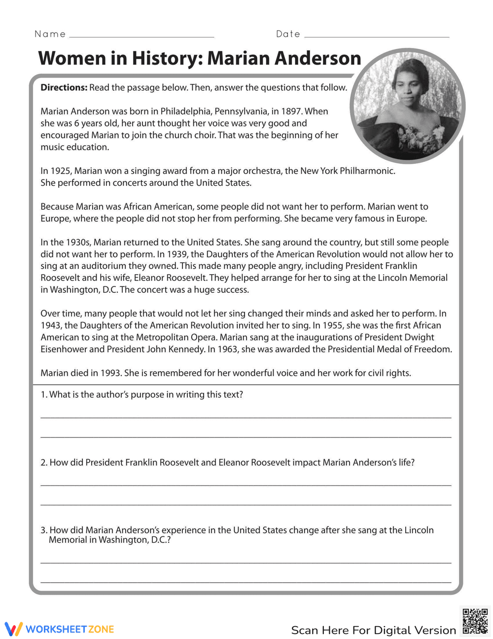 Learn About Marian Anderson: Women in History Worksheet - Page 1