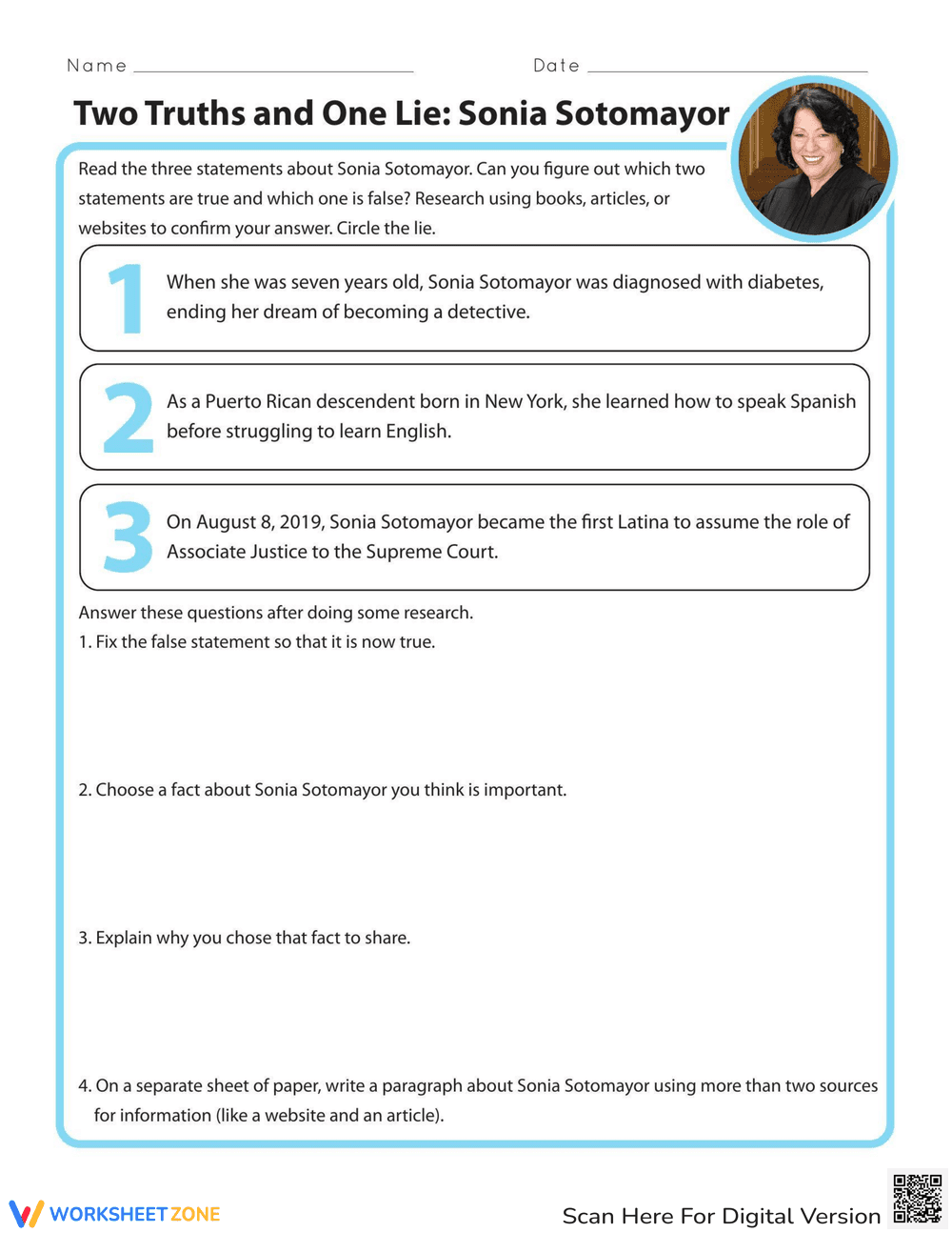 Sonia Sotomayor: Two Truths and One Lie Worksheet - Page 1