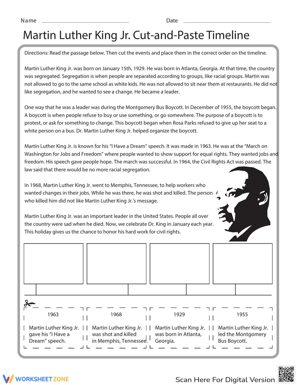 MLK Timeline: Cut and Paste Activity Worksheet - Page 1