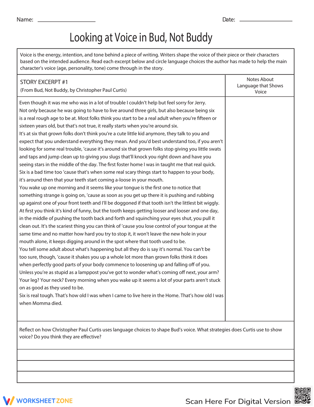 Analyzing Voice in 'Bud, Not Buddy' Worksheet - Page 1