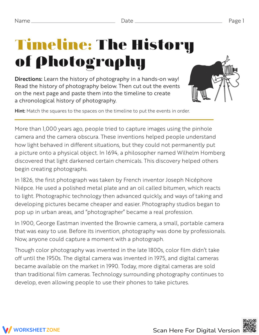 Create a Photography Timeline Worksheet - Page 1