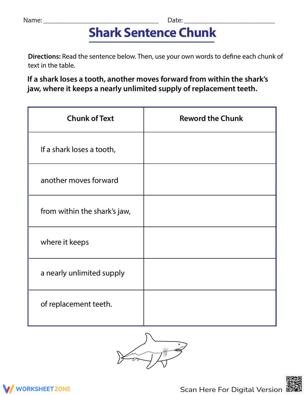 Sentence Chunking with Sharks Worksheet - Page 1