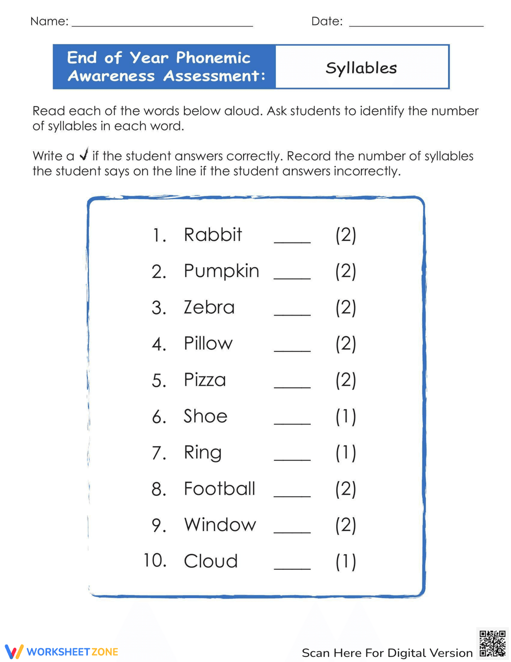 End of Year Phonemic Awareness Assessment: Syllables - Page 1