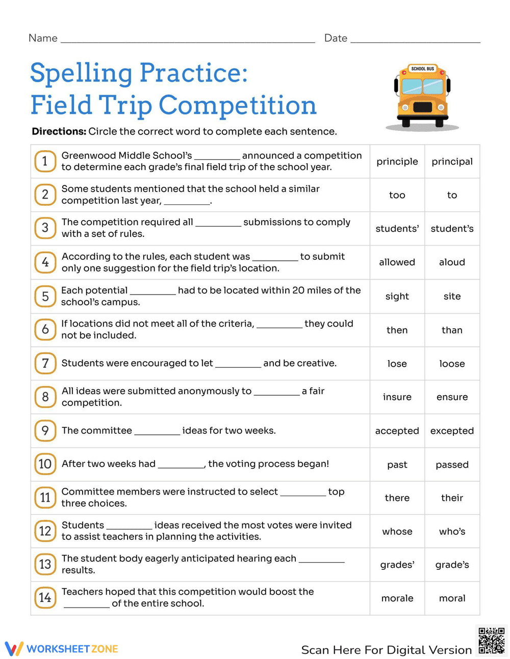 Spelling Practice: Field Trip Competition - Page 1