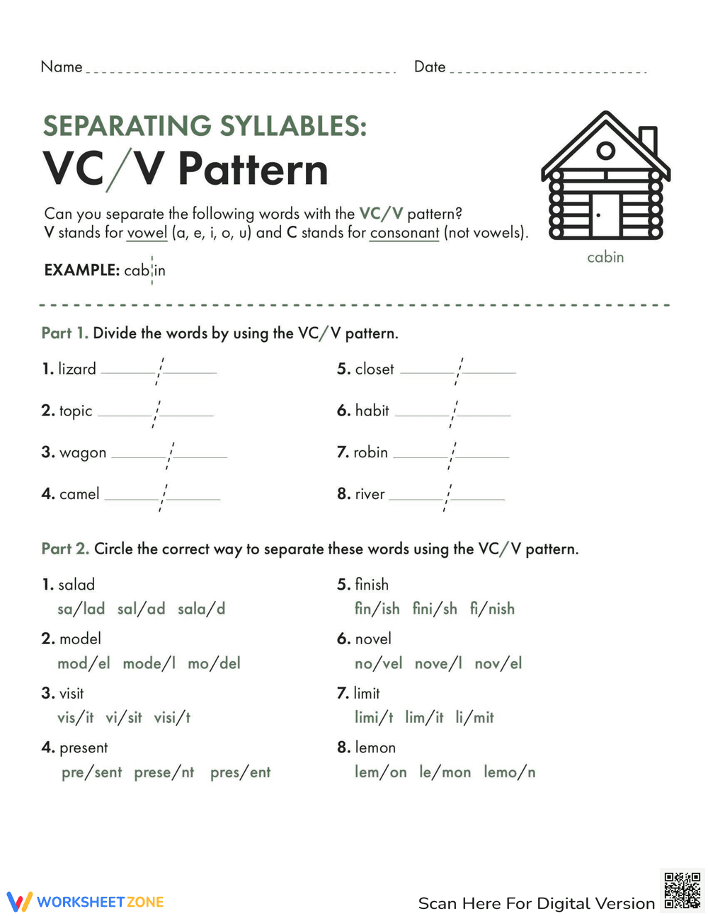 Separating Syllables: VC/V Pattern - Page 1