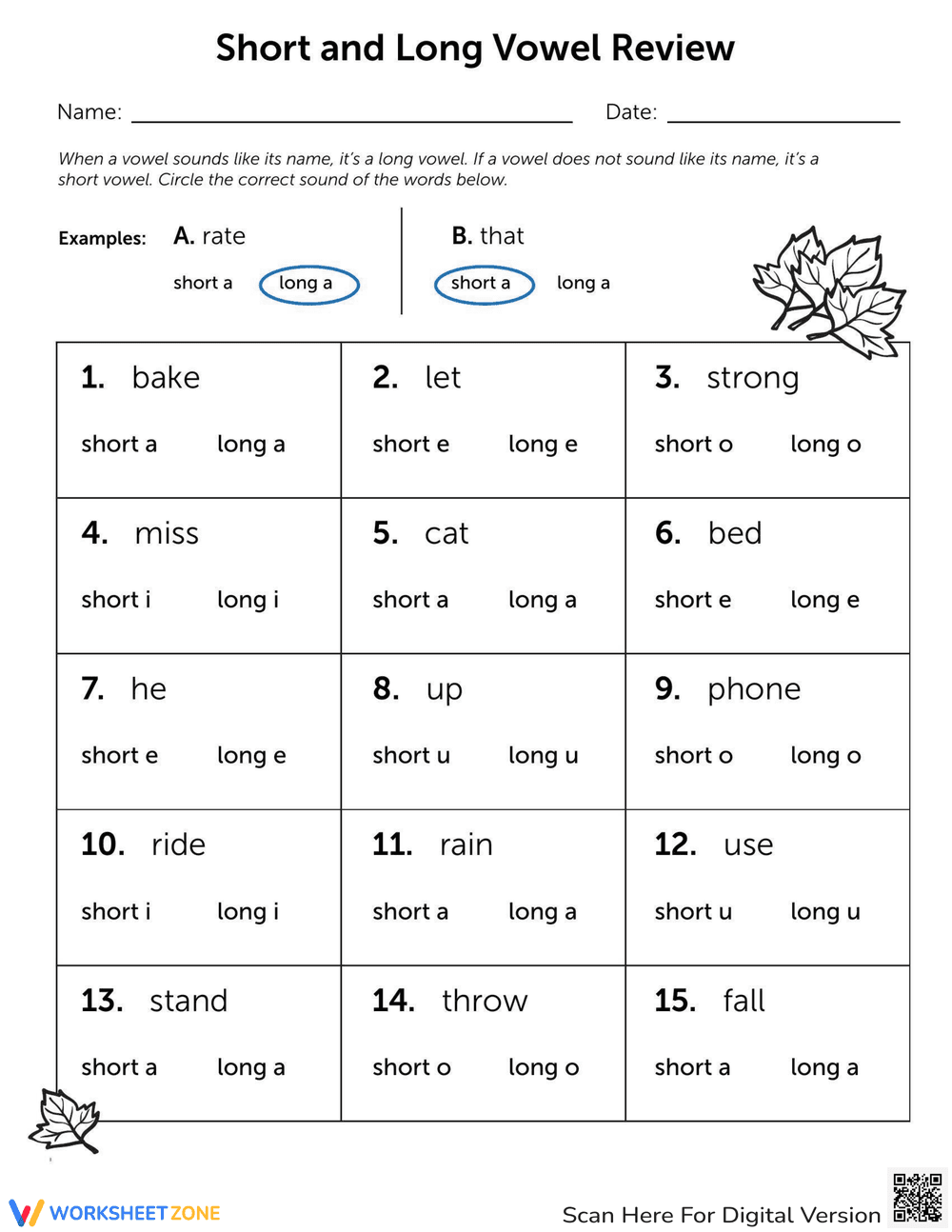 Long and Short Vowel Review - Page 1
