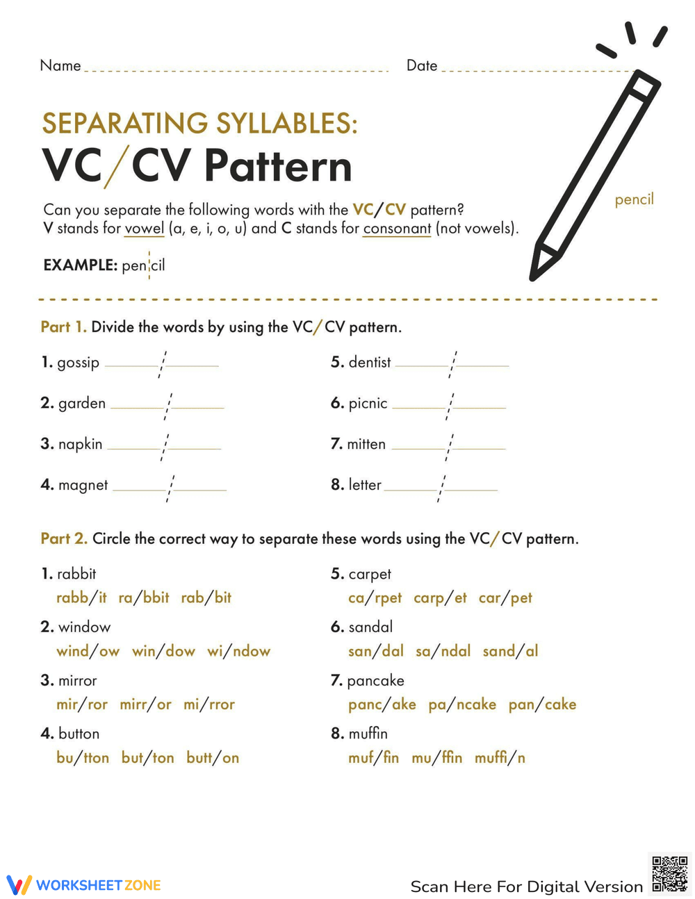 Separating Syllables: VC/CV Pattern - Page 1