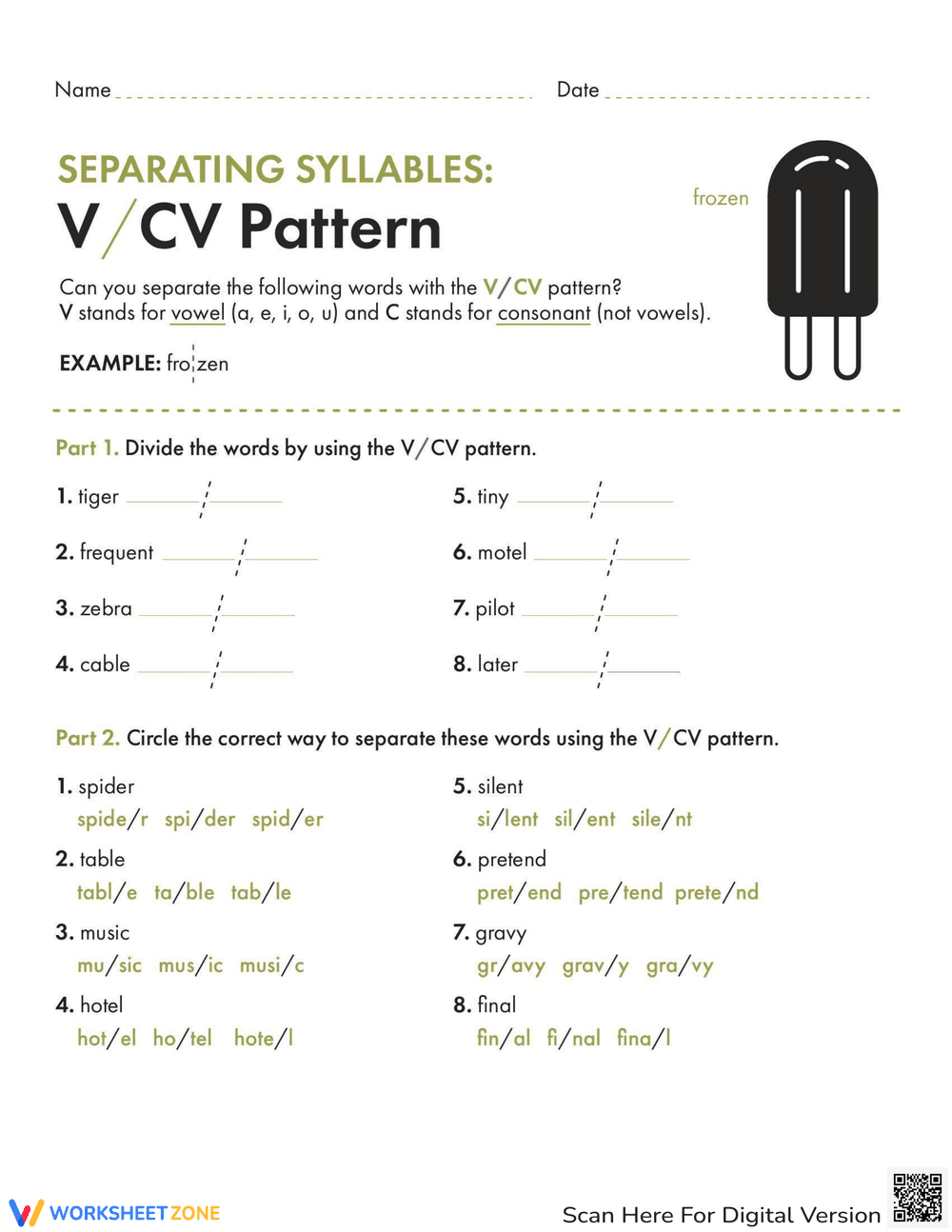 Separating Syllables: V/CV Pattern - Page 1