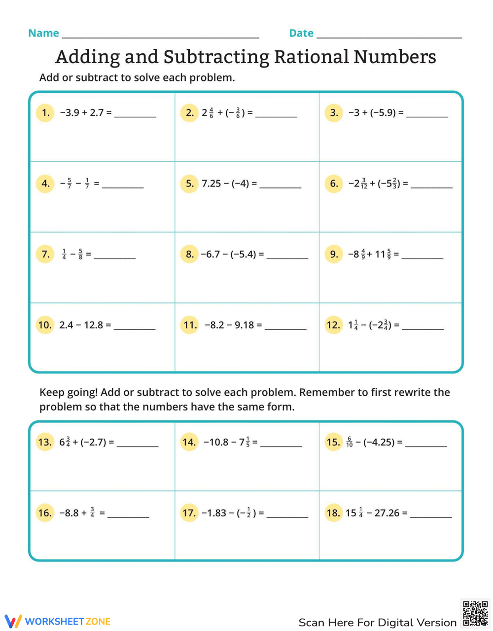 Add and Subtract Rational Numbers - Page 1