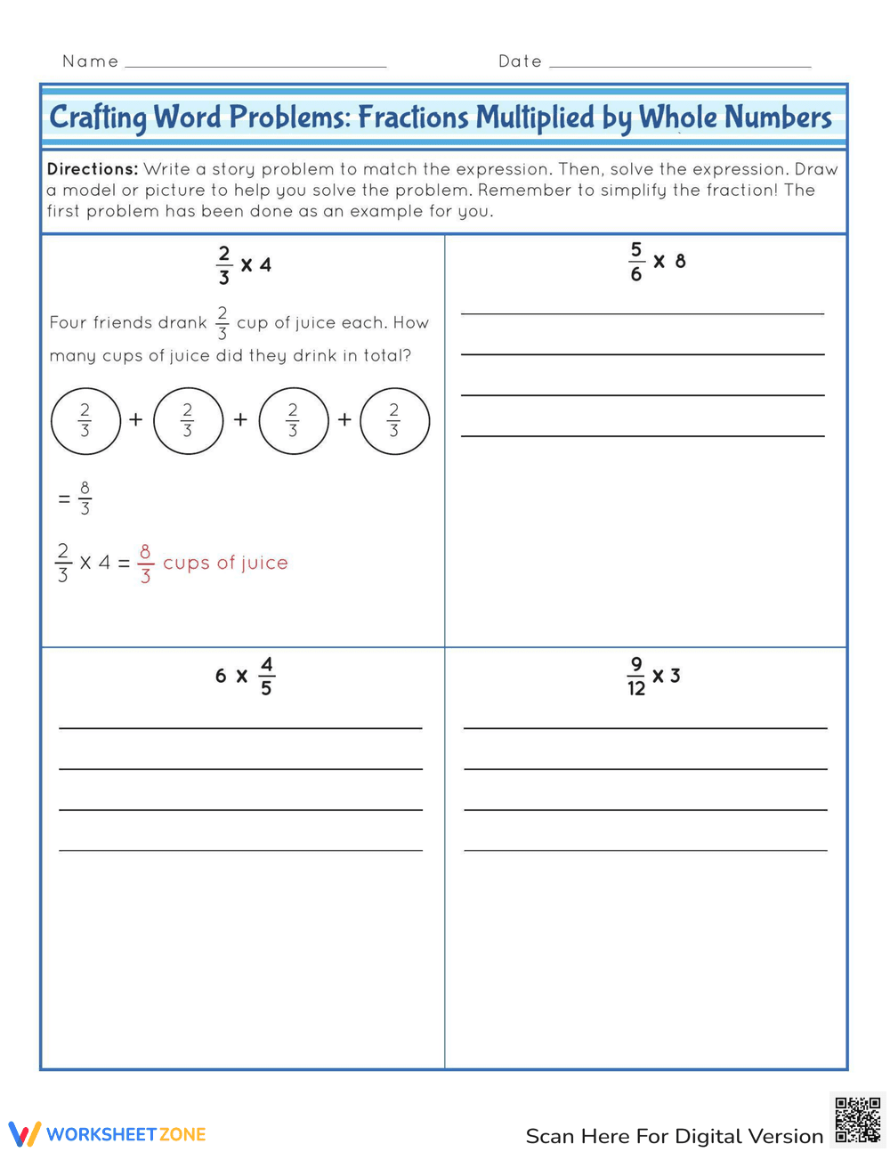 Fractions Multiplied by Whole Numbers Word Problems - Page 1