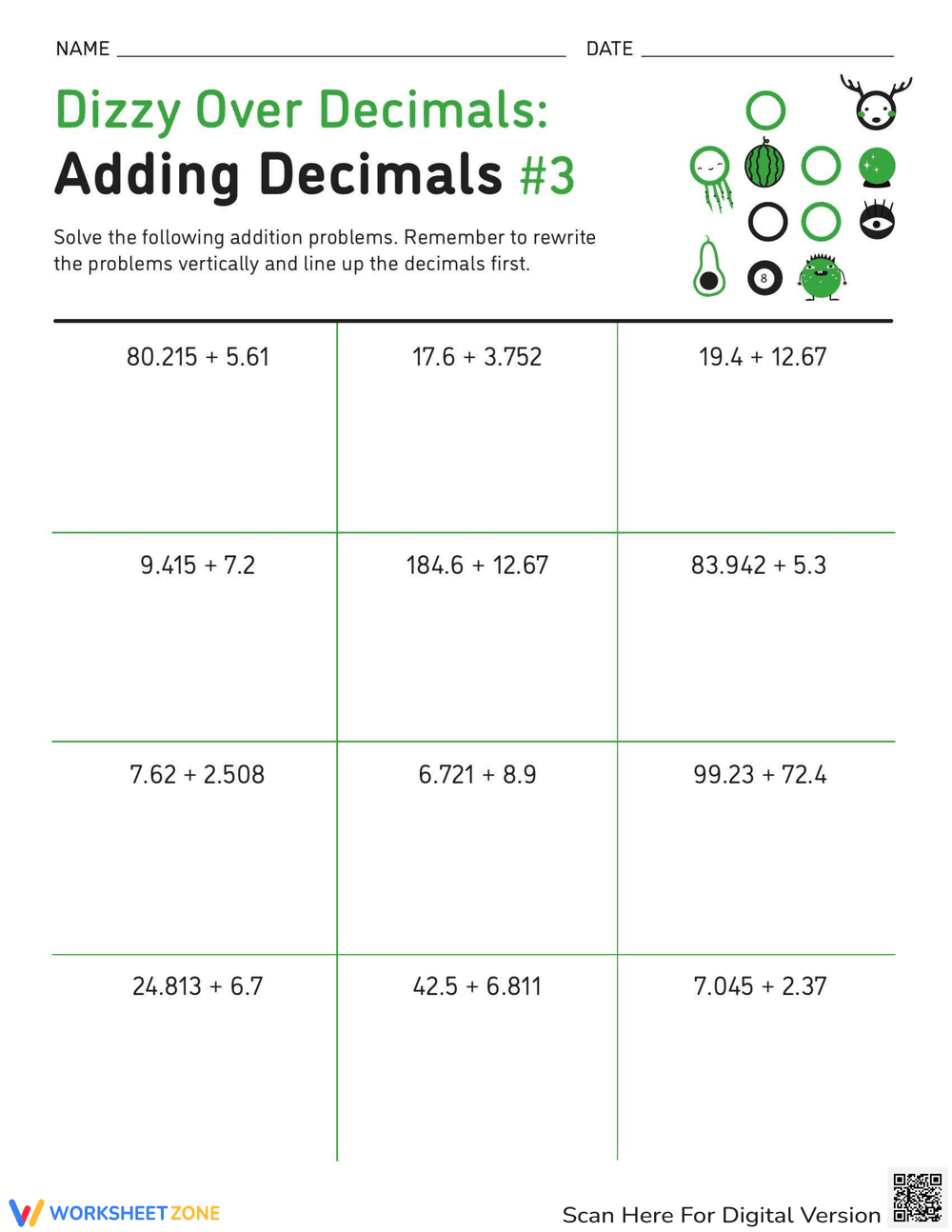 Dizzy Decimals Addition Practice - Page 1