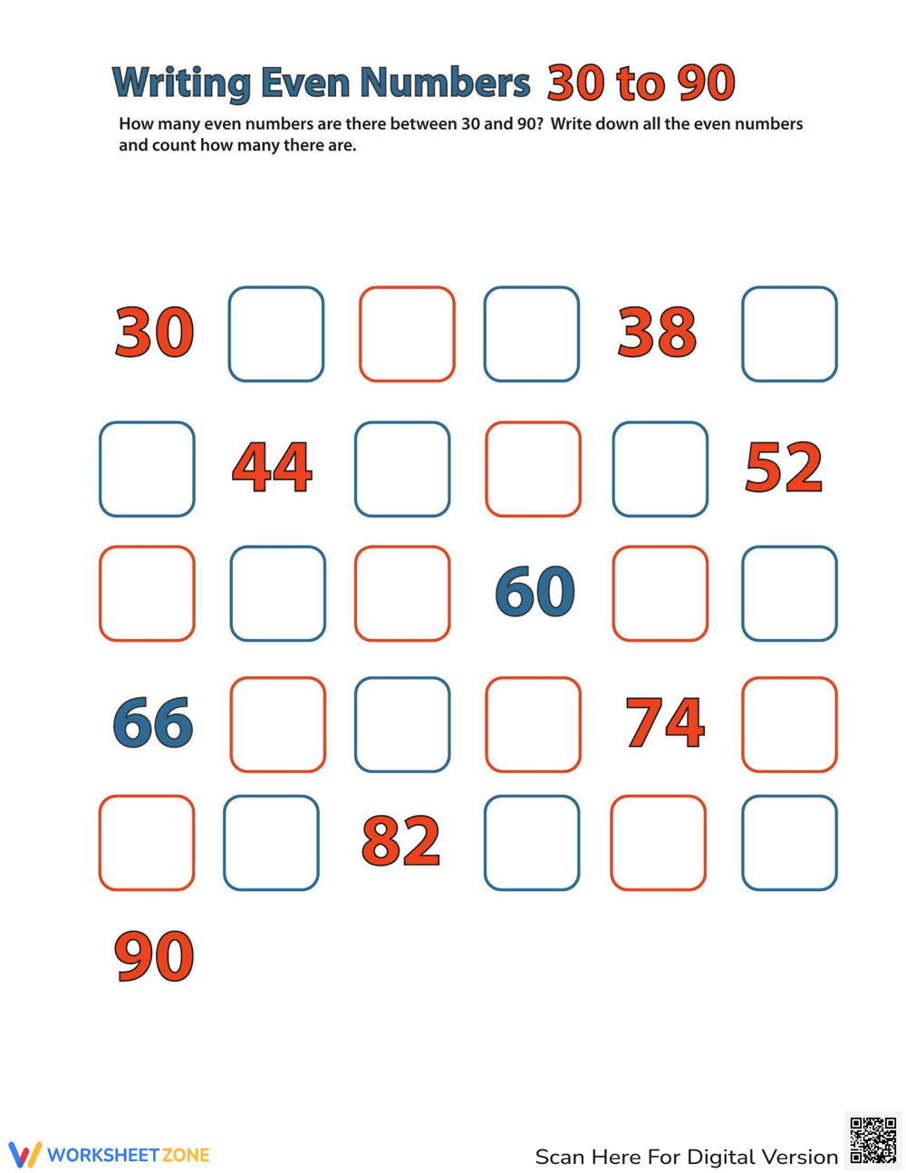 Identify Even Numbers: Practice from 30 to 90 - Page 1
