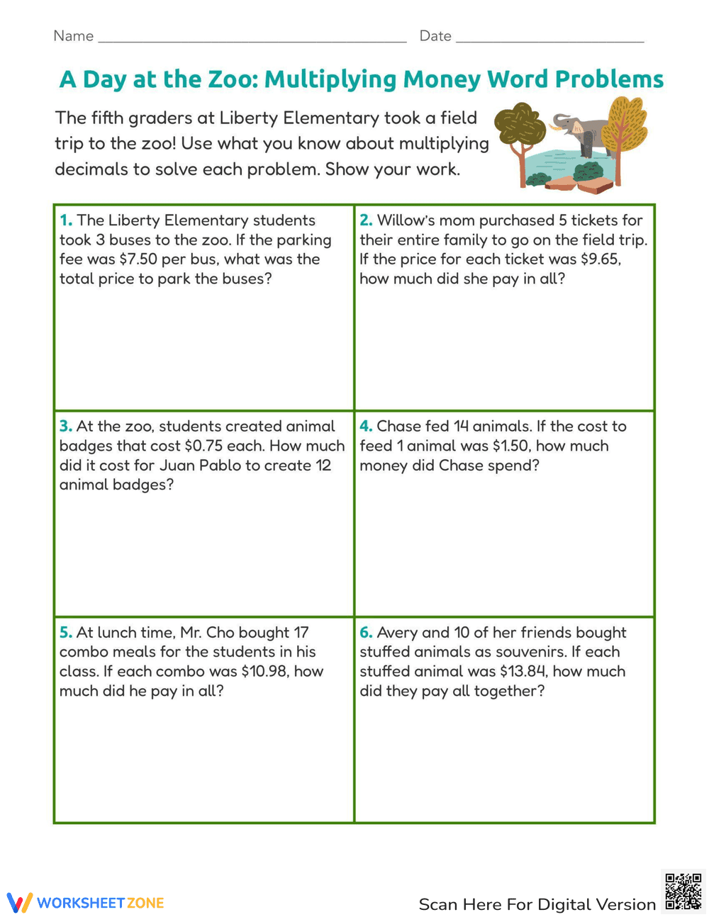 Zoo Multiplying Money Word Problems - Page 1