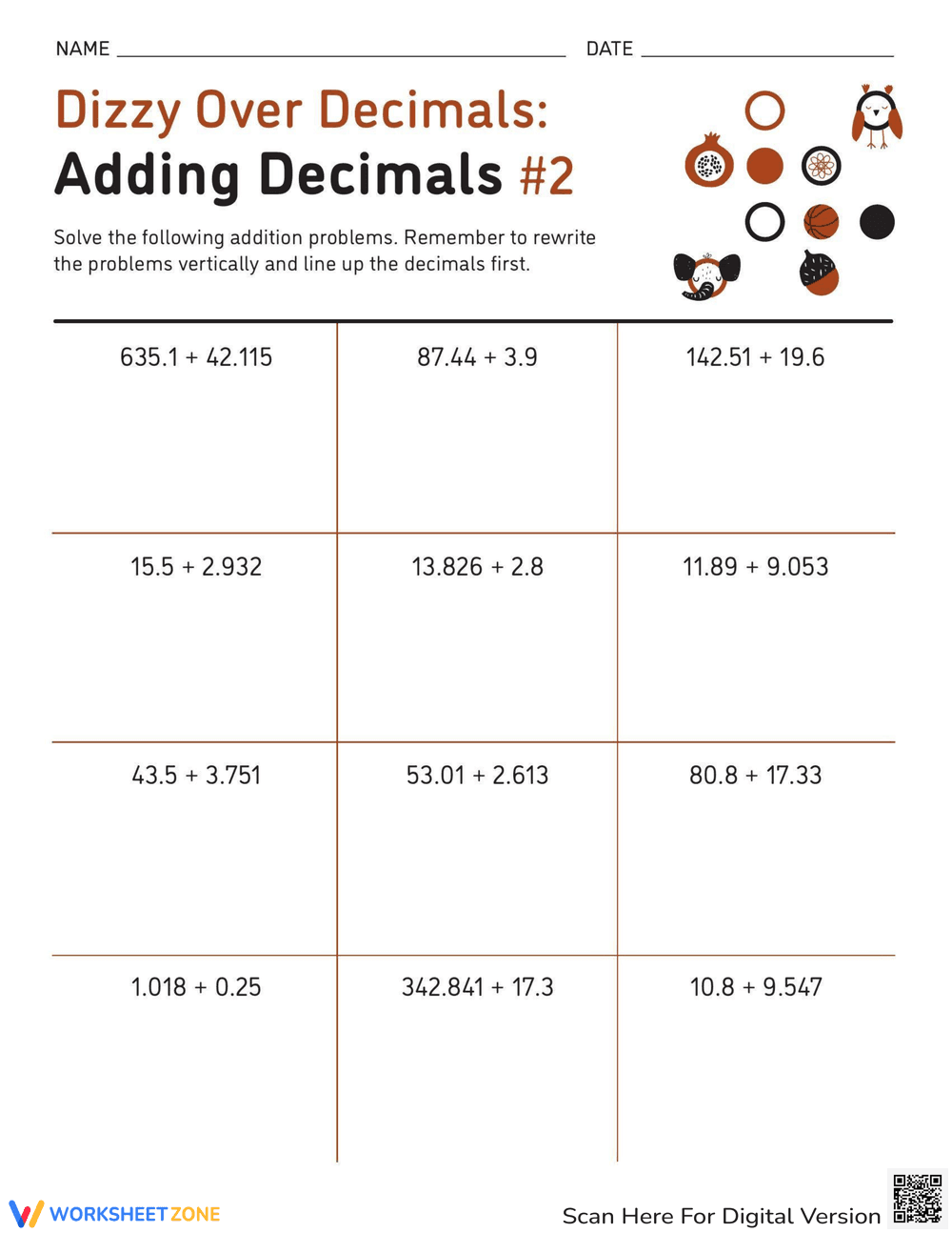 Practice Decimal Addition Worksheet - Page 1