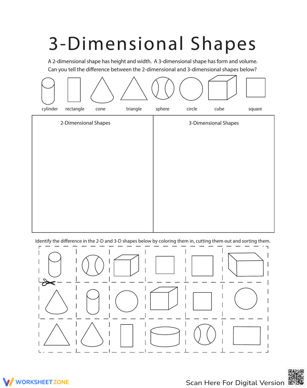 Identify 2D and 3D Shapes Worksheet - Page 1