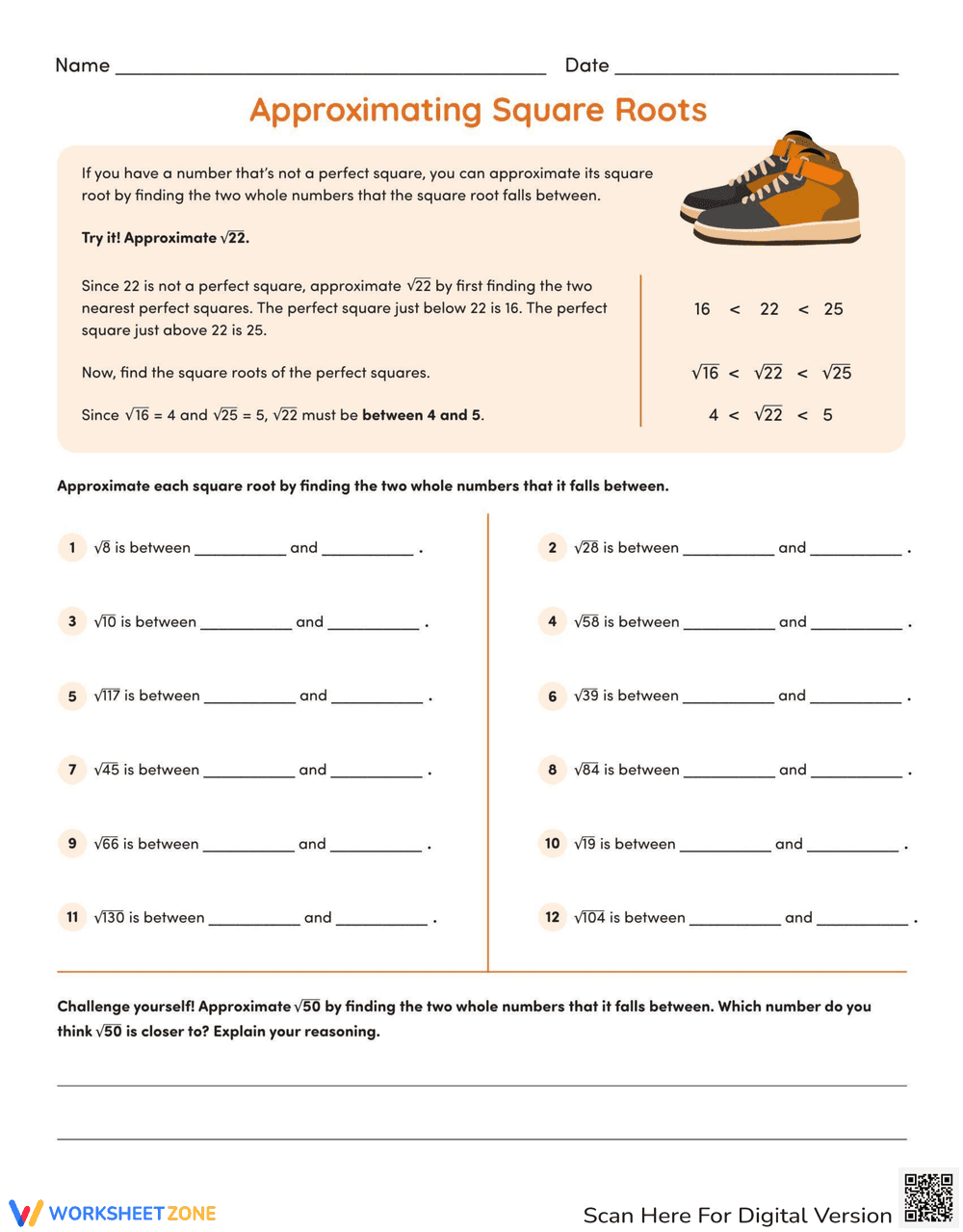 Approximating Square Roots Worksheet - Page 1