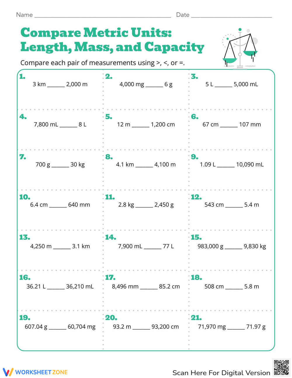 Compare Metric Units Worksheet - Page 1