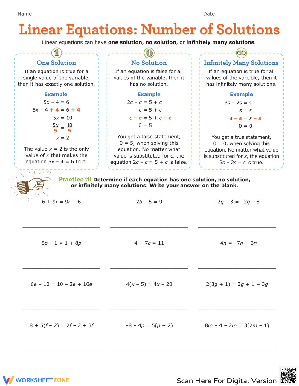 Linear Equations: Number of Solutions Worksheet - Page 1