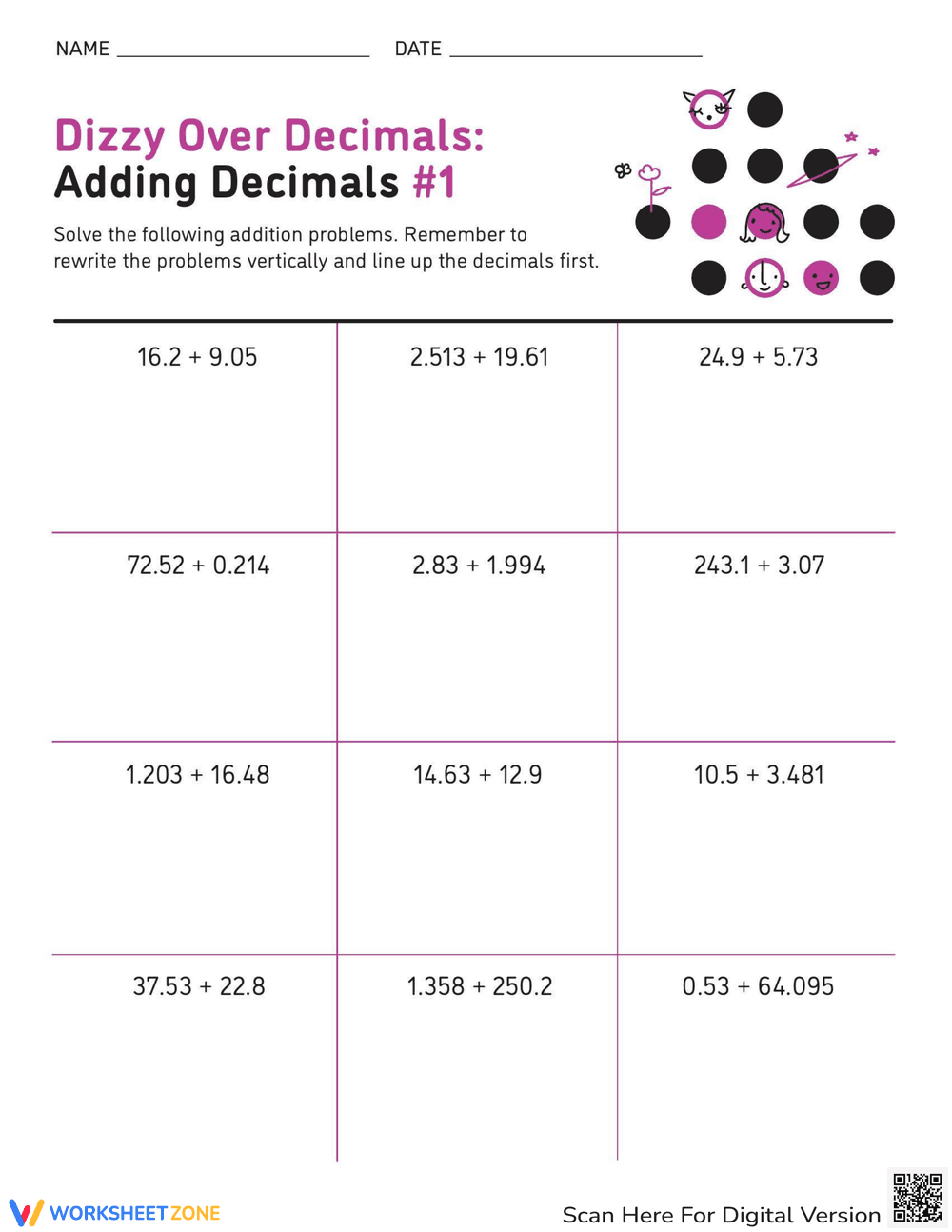 Adding Decimals Practice Worksheet - Page 1