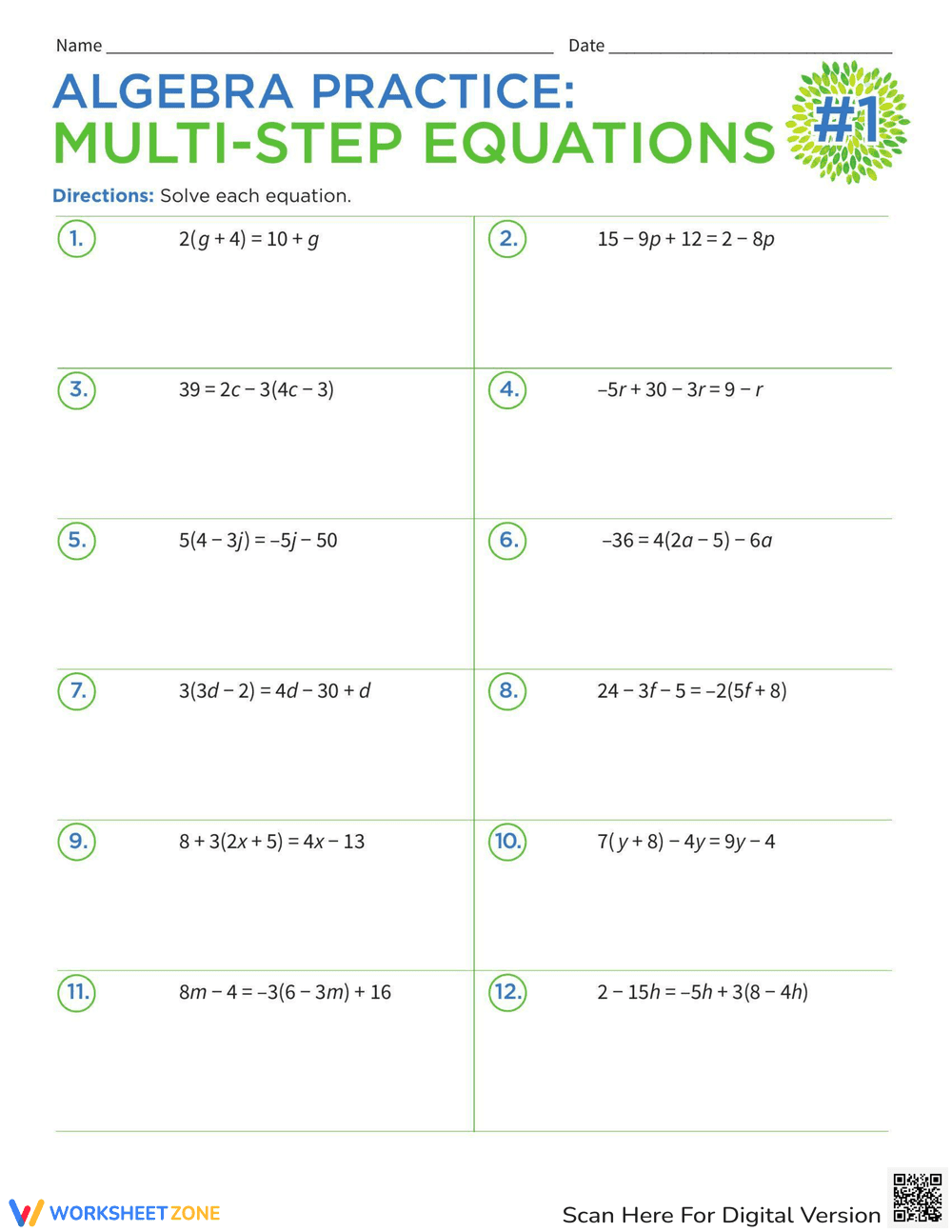 Algebra Practice Problems Worksheet - Page 1