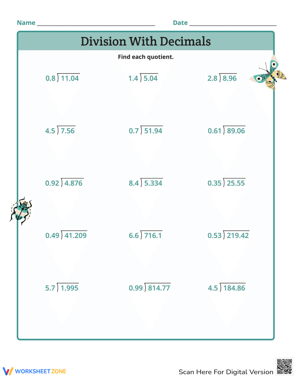 Division with Decimals Worksheet - Page 1