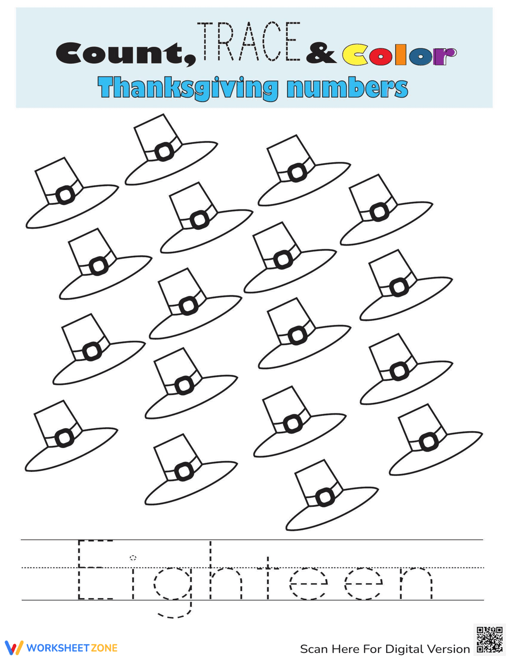 Count, Trace, Color Number 18 Worksheet - Page 1