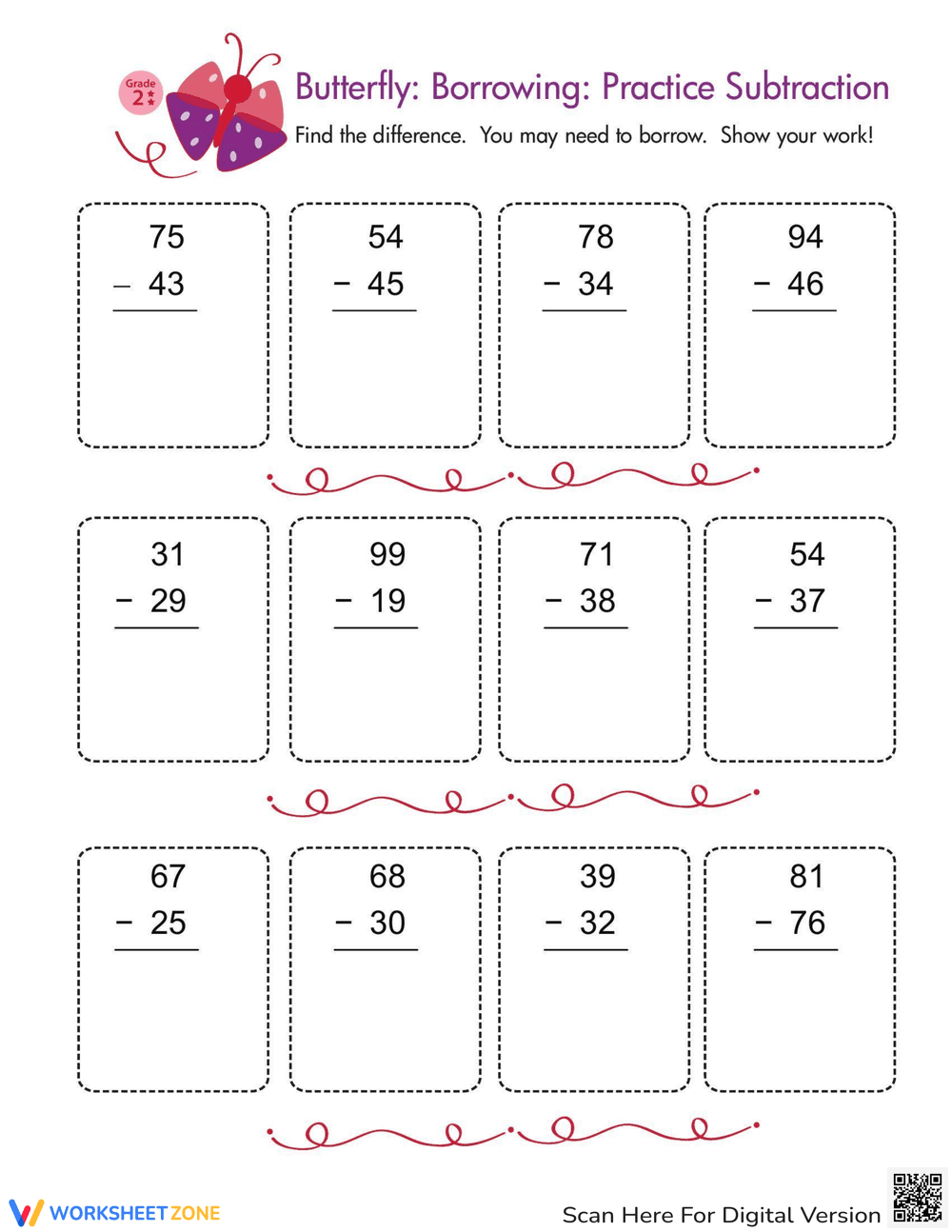 Butterfly Subtraction: Practice Subtraction Skills - Page 1