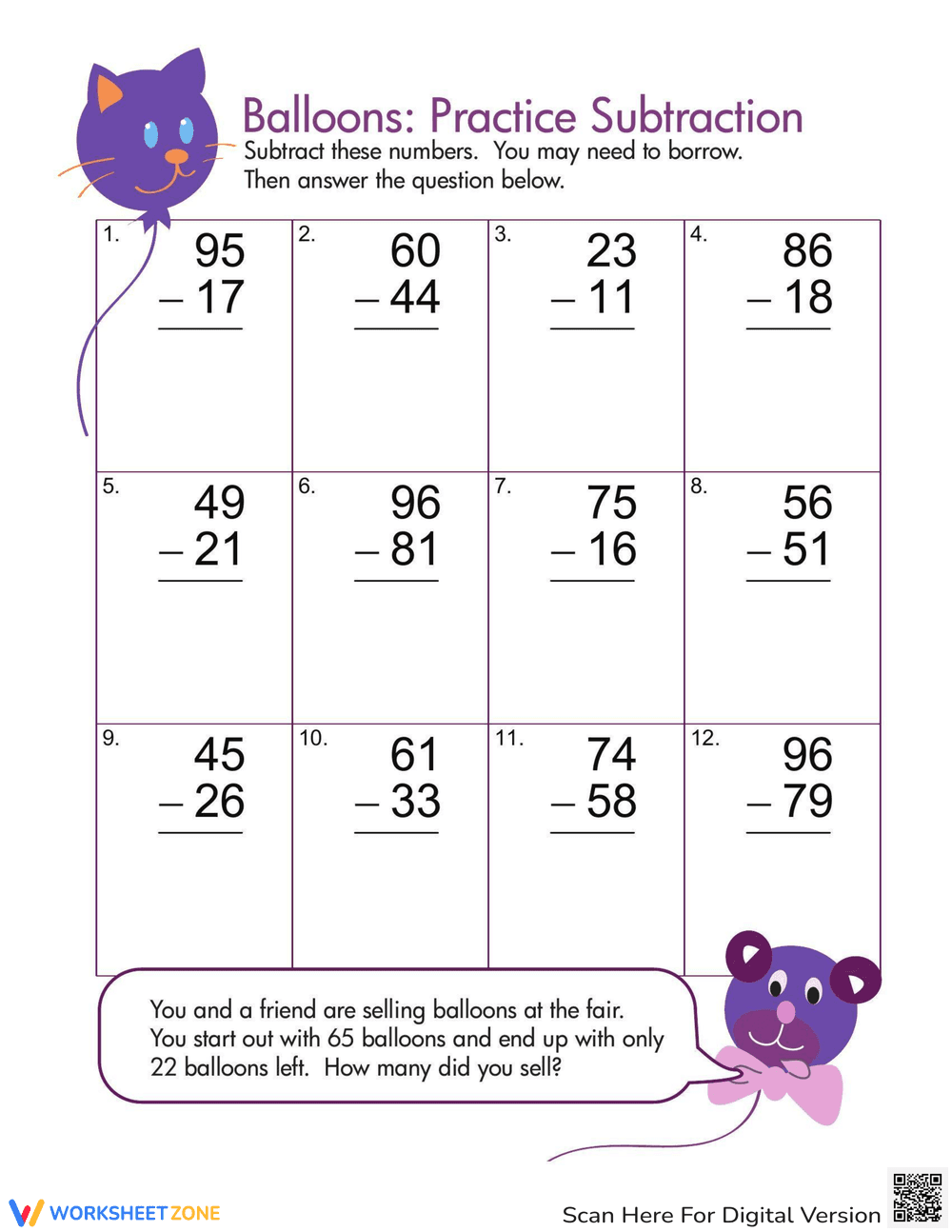 Balloon Subtraction Practice Worksheet - Page 1