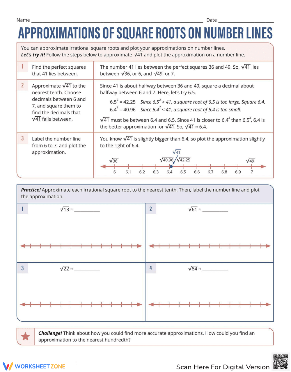 Approximating Square Roots on Number Lines Worksheet - Page 1