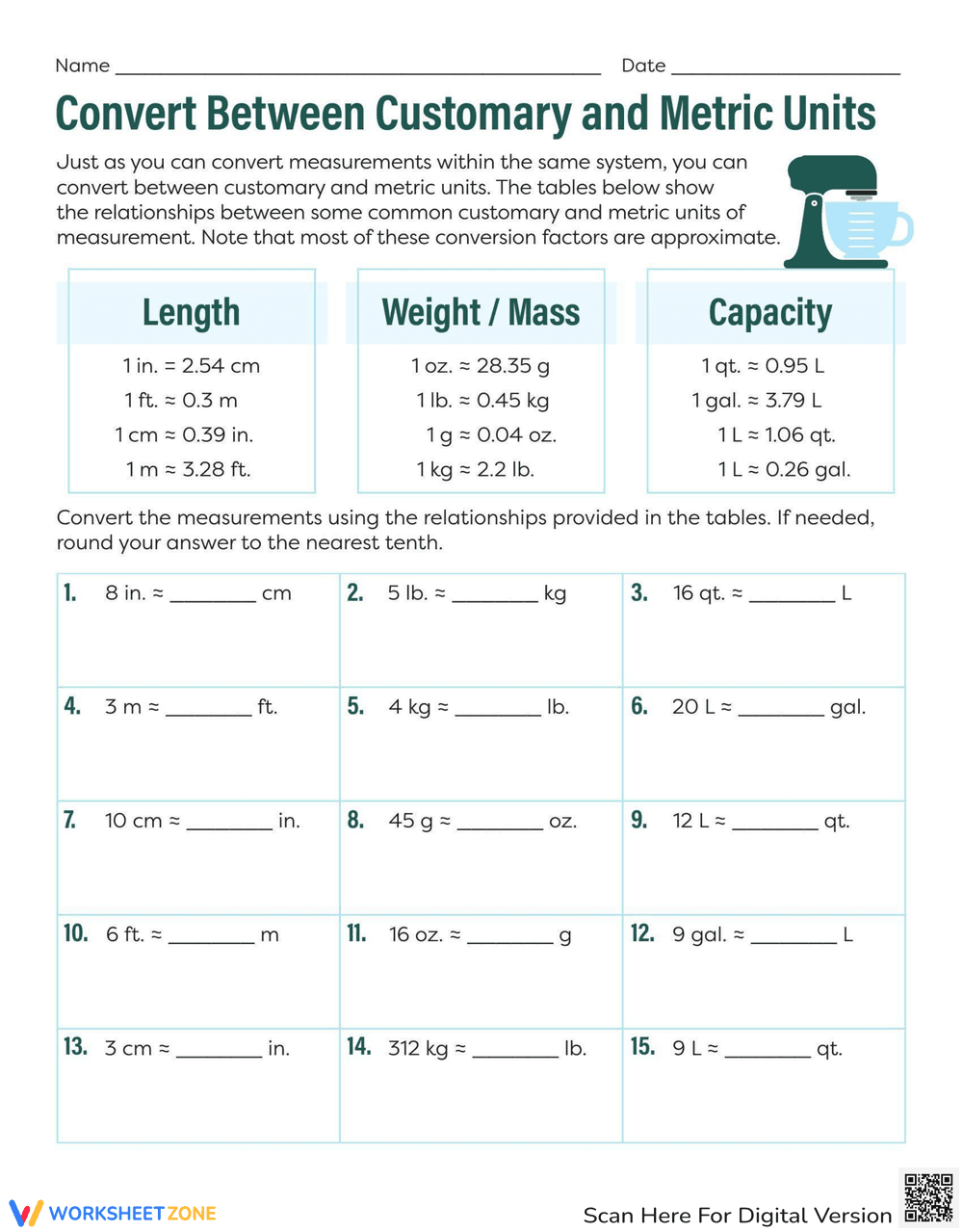 Convert Customary and Metric Units Worksheet - Page 1
