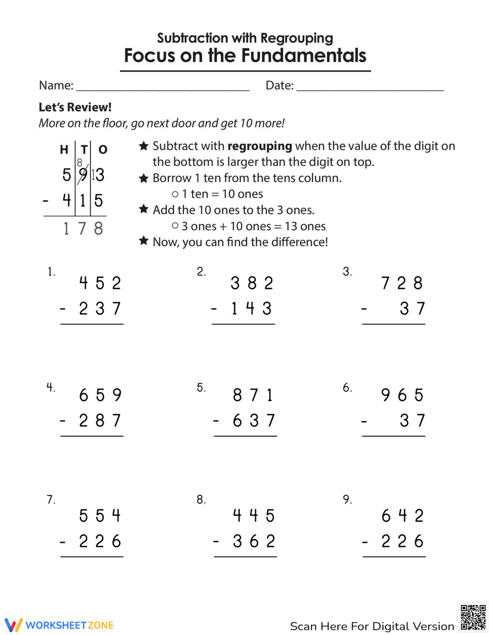 Subtraction with Regrouping Worksheet - Page 1
