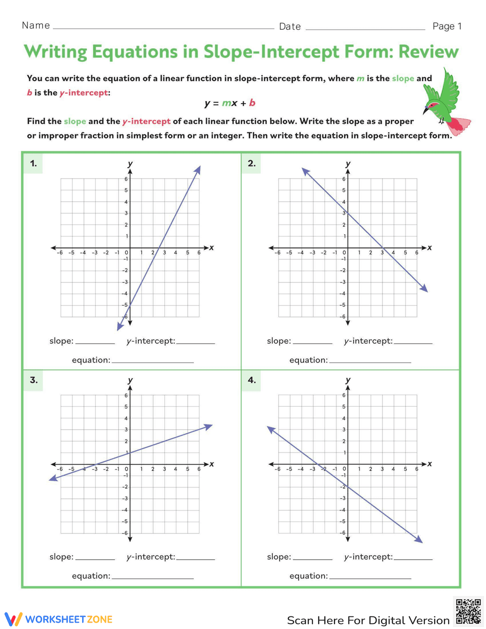 Writing Equations in Slope Intercept Form - Page 1