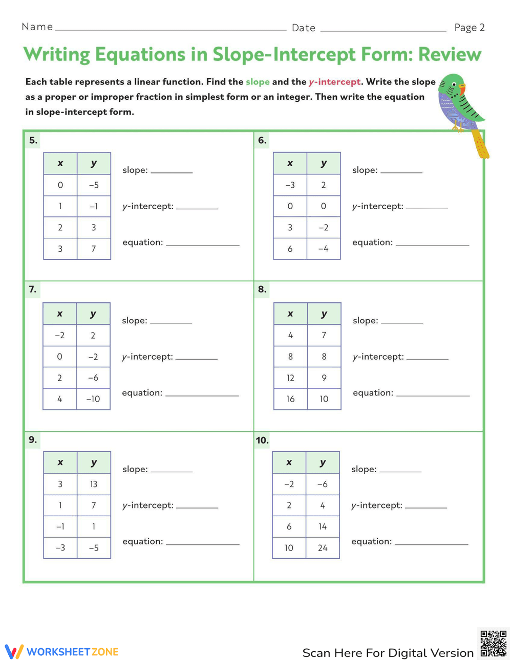 Writing Equations in Slope Intercept Form - Page 2