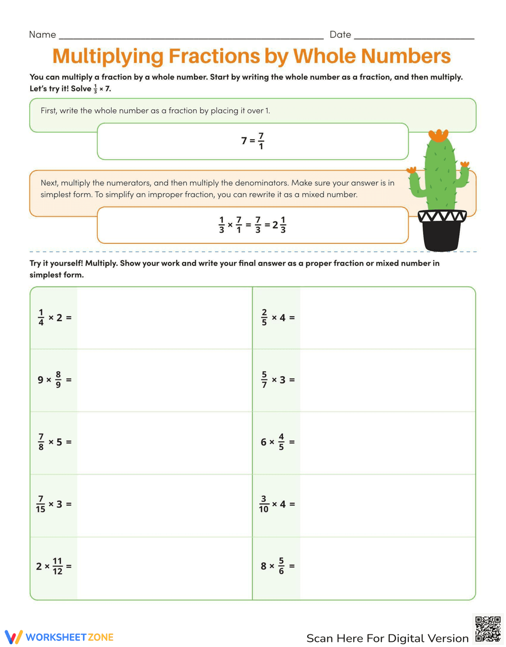 Multiplying Fractions by Whole Numbers - Page 1
