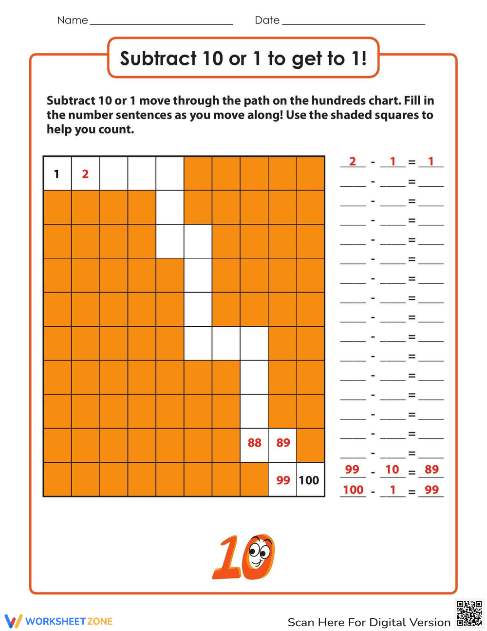 Subtract 10 or 1: Subtraction Practice - Page 1