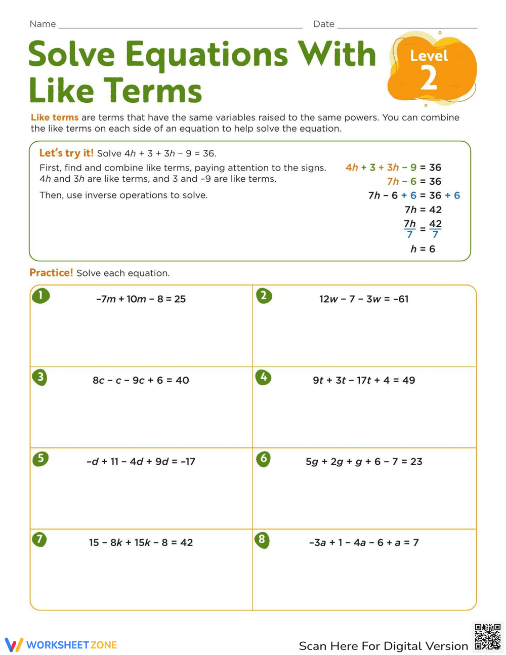 Solve Equations: Like Terms - Level 2 - Page 1