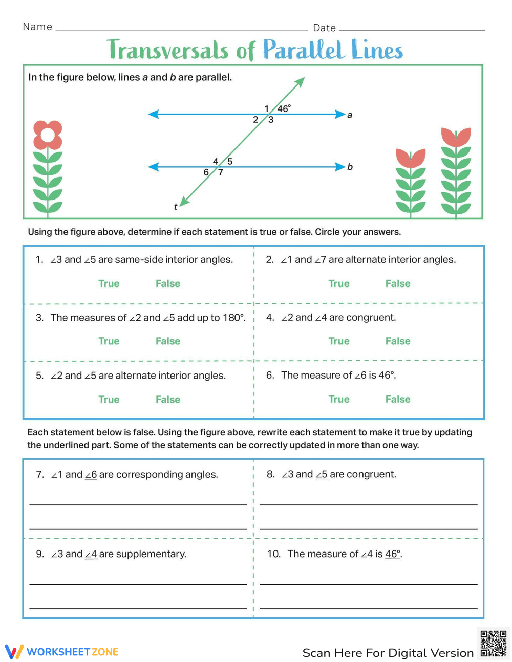 Geometry Basics: Transversal Lines Worksheet - Page 1
