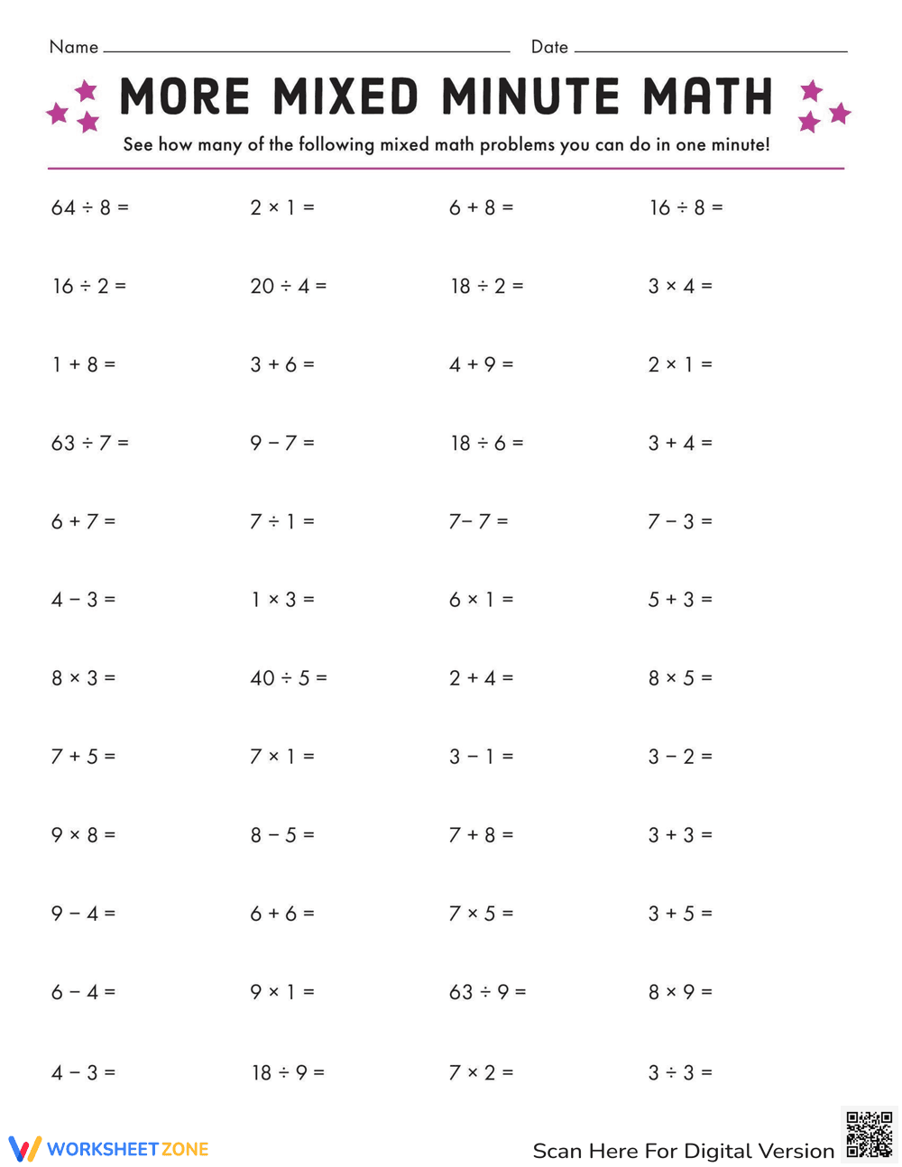 Mixed Minute Math 2018 Worksheet - Page 1