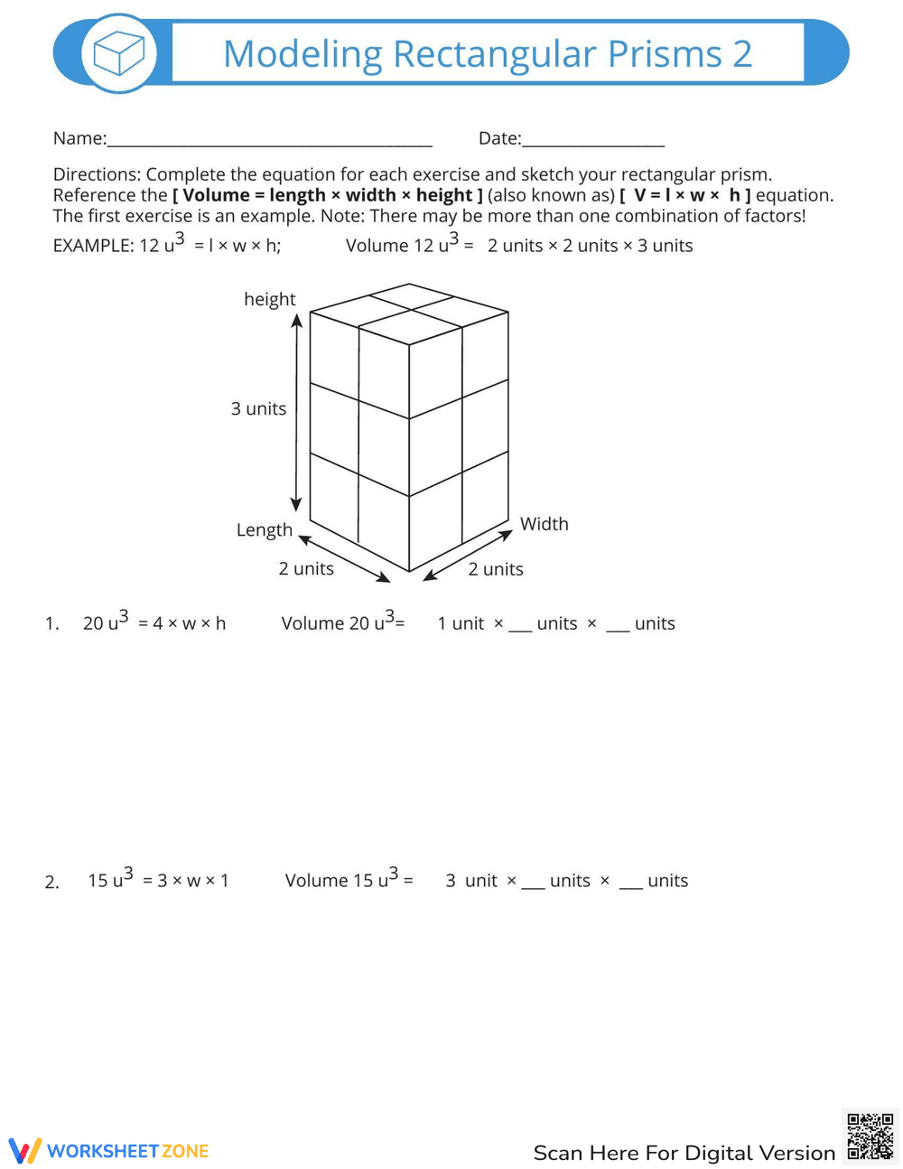 Modeling Rectangular Prisms Worksheet - Page 1