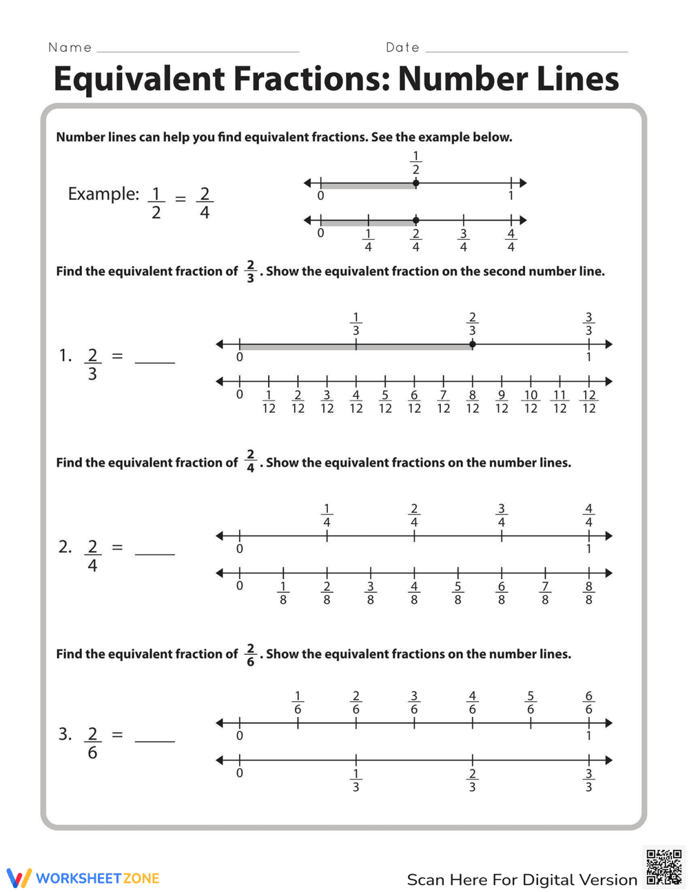 Equivalent Fractions: Number Lines Math Worksheet - Page 1
