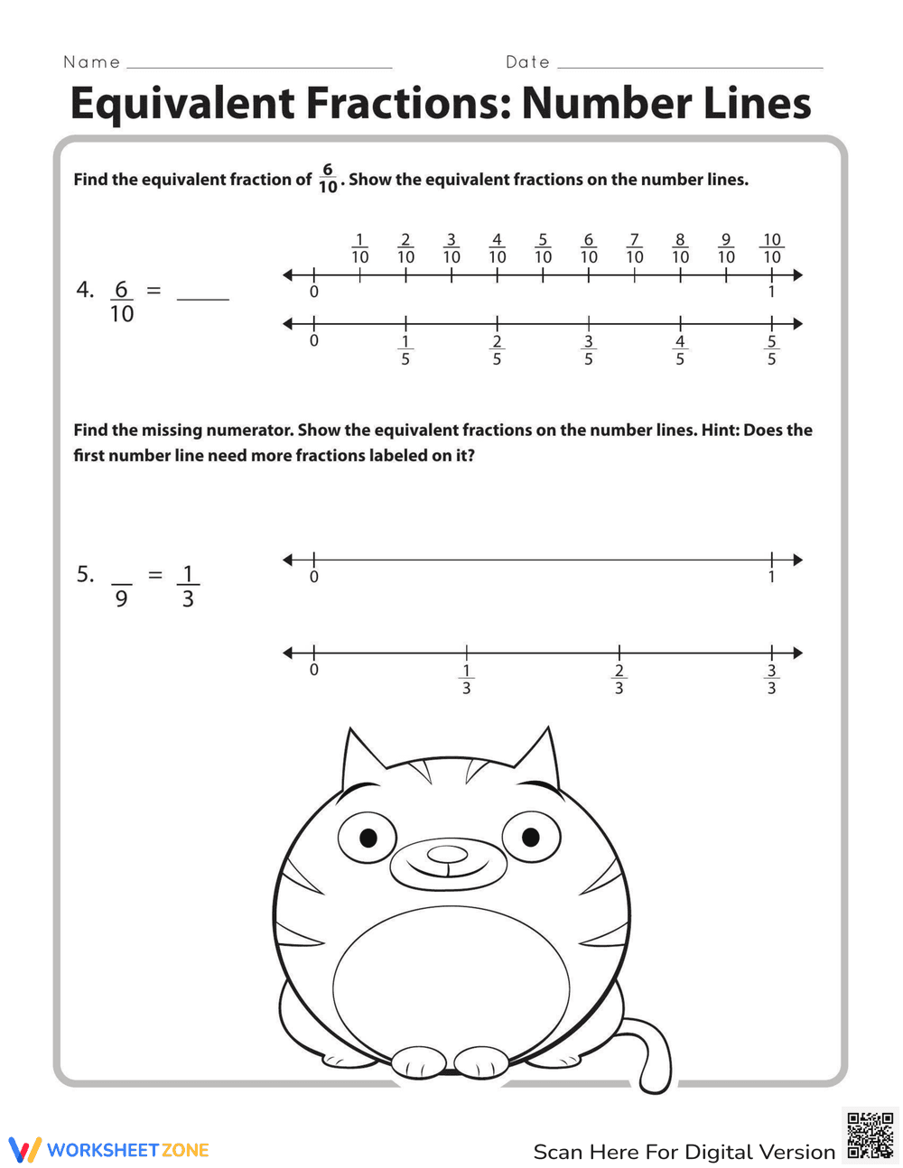 Equivalent Fractions: Number Lines Math Worksheet - Page 2
