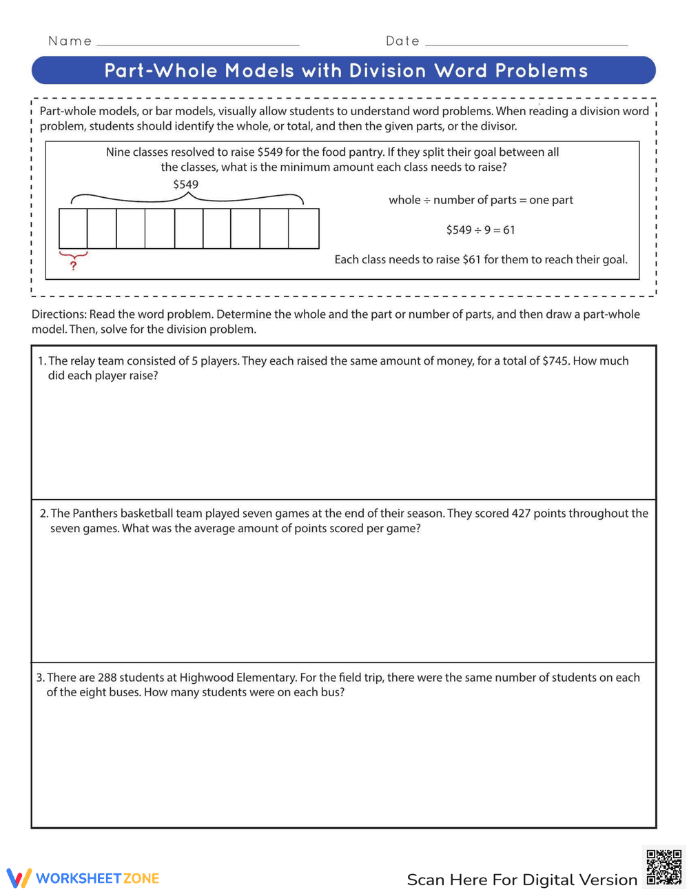 Part-Whole Models with Division Word Problems - Page 1