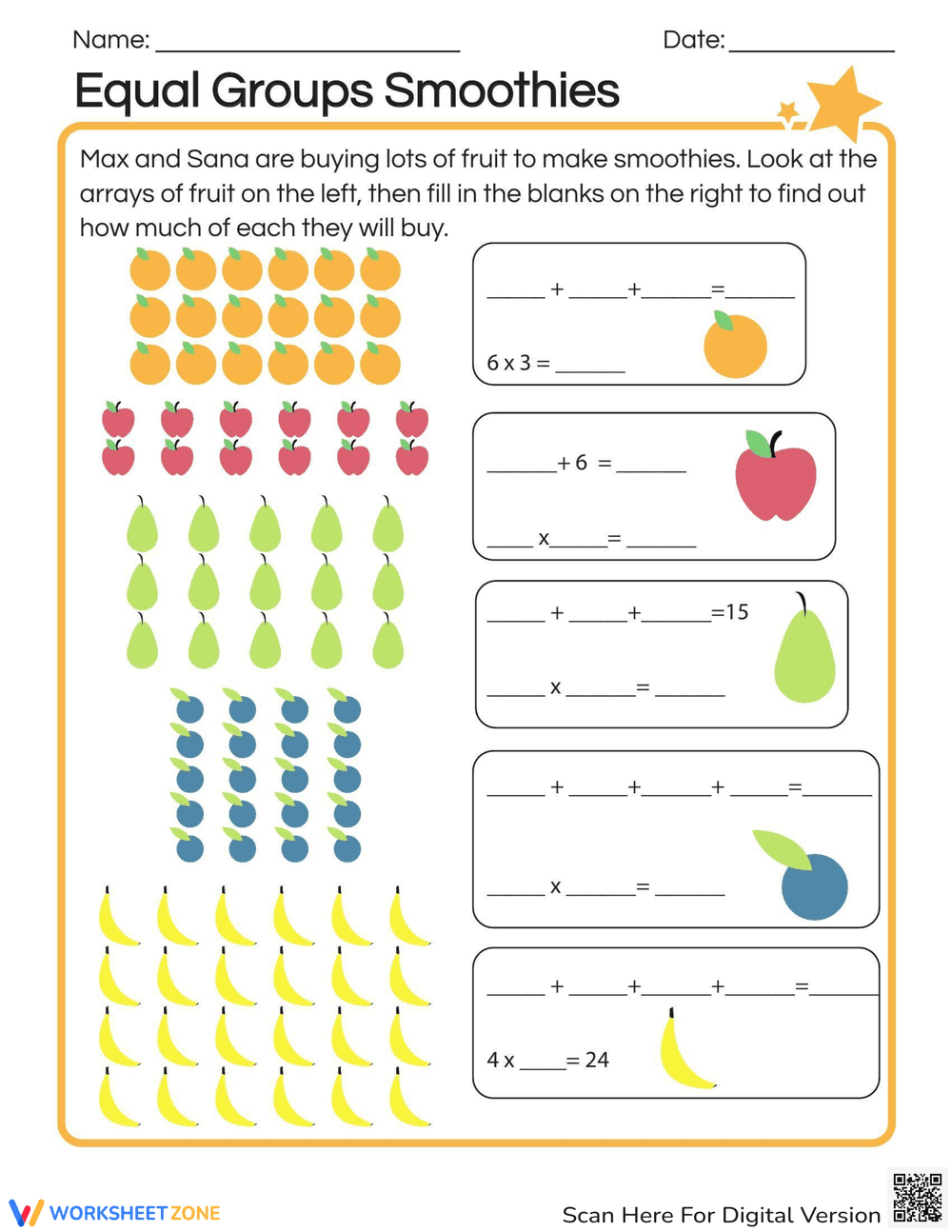 Equal Groups Smoothies Worksheet: Multiplication Fun - Page 1