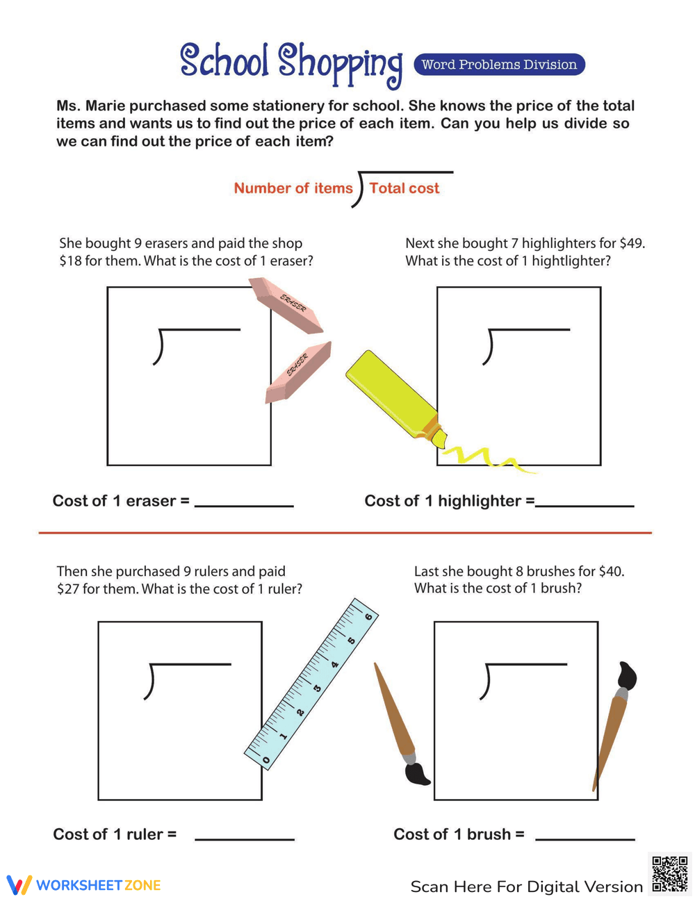 School Shopping: Practice Dividing Money - Page 1