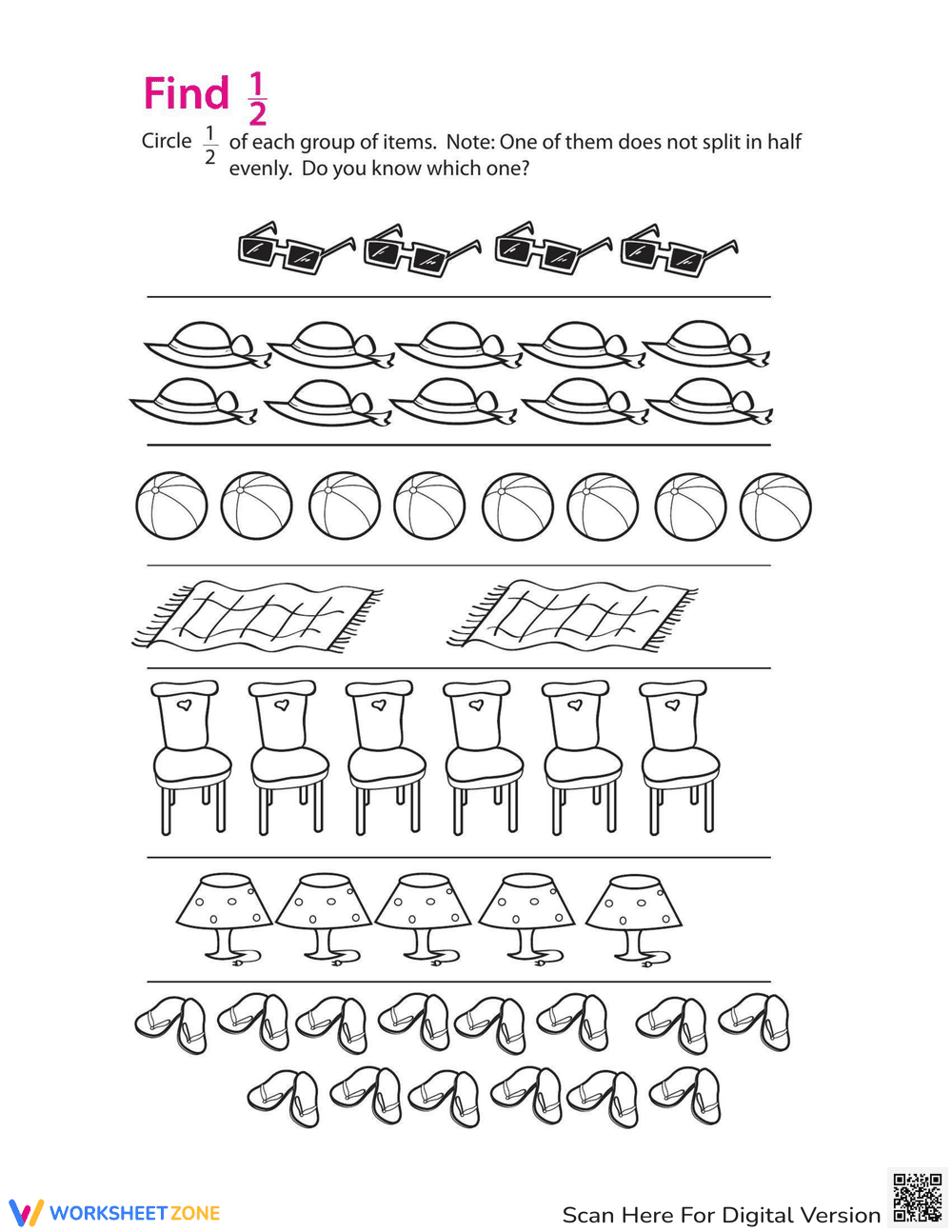 Fractions Worksheet: Find One Half - Page 1