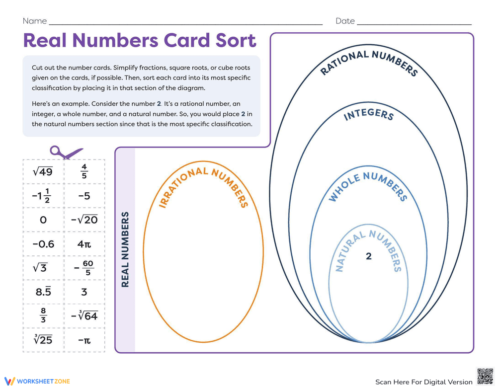 Real Numbers Card Sort Worksheet - Page 1