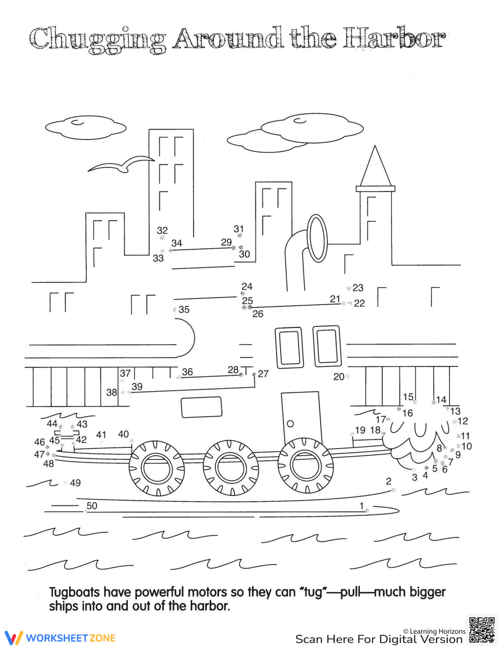 Tugboat Dot-to-Dot Worksheet - Page 1
