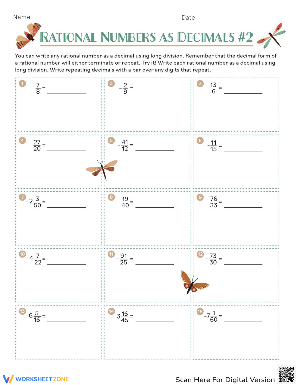 Rational Numbers as Decimals Practice - Page 1